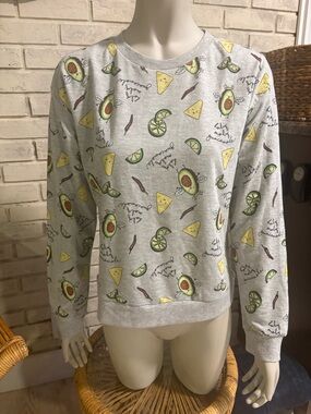 H&M Light Gray Graphic Pullover with Lime & Avocado Motif XS